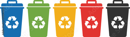 Recycle bin vector icons set, eco-friendly waste management concept with colorful recycling bins for waste sorting, sustainability, environmental protection, and recycling system design.