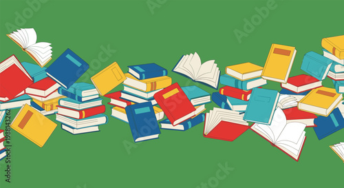 Dynamic composition of many colorful books floating and stacked against a solid green background for education.