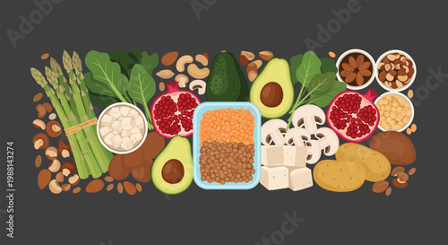 Variety of healthy vegan foods including asparagus, pomegranate, avocado, tofu, lentils, mushrooms, and mixed nuts.