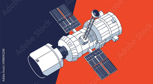 Scientific space satellite or space station module orbiting in outer space against a diagonally split dark blue and vibrant orange background.