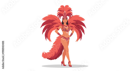 Beautiful Brazilian carnival dancer in a traditional red feather costume posing gracefully on a white background.