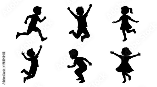 Silhouettes of children running and jumping.