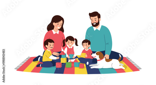 Happy family with parents and children sitting on a vibrant rug playing with colorful toy blocks while their pet dog relaxes.