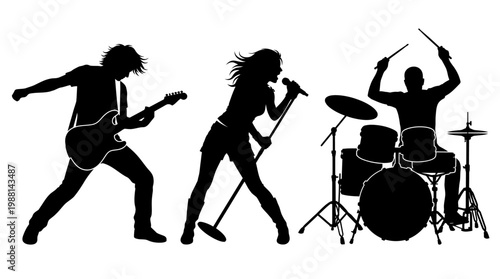 Silhouettes of musicians playing instruments.