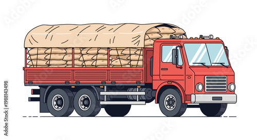 Red delivery truck fully loaded with sacks of goods and covered with a tarp for commercial transportation services.