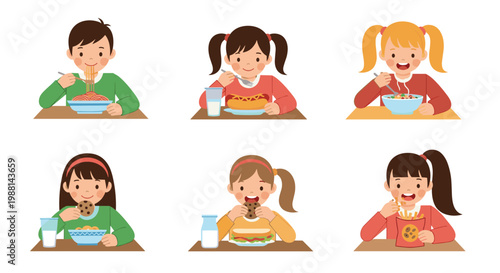 Collection of young children happily eating different snacks and meals like pasta, hot dogs, cookies, and fruit at tables.