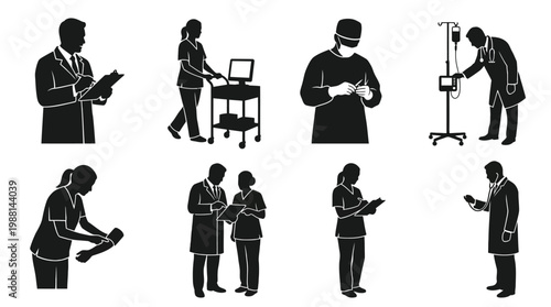 Medical professionals in various actions.