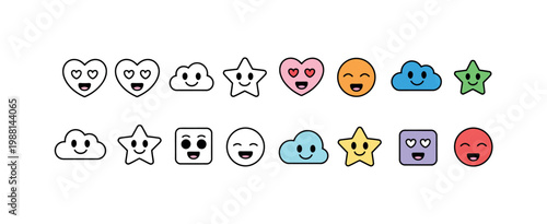 Doodle emoji face icon set vector illustration hand drawn expression smile sad angry happy reaction symbols isolated on white background