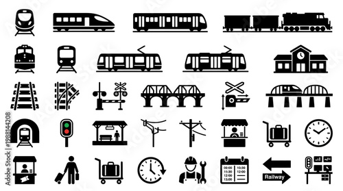 Train Station Transportation Icons Set.