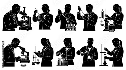 Silhouettes of scientists working laboratory.
