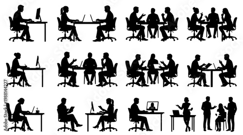 Silhouettes of people working at desks.