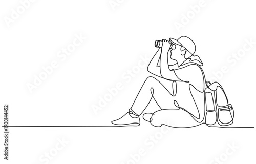 Person with backpack and binoculars sitting on the ground one line drawing single line continuous white background outdoor activity backpack binoculars illustration adventure discovery