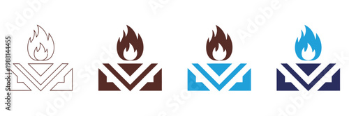 Fireproof and fire resistant material icon set with flame and shield protection symbol in modern line and flat vector style, representing industrial safety, heat resistance, and protective material 