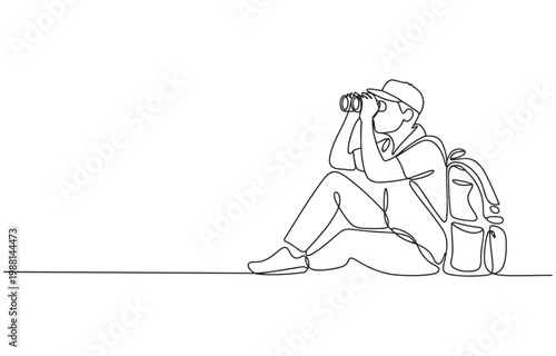 Person with backpack and binoculars sitting on the ground one line drawing single line continuous white background outdoor activity backpack binoculars illustration adventure discovery