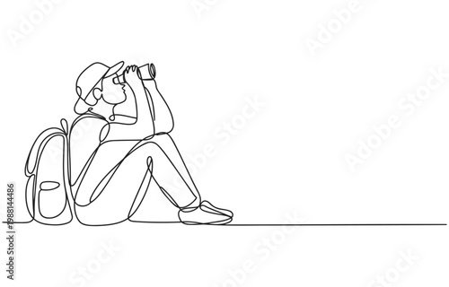 Person with backpack and binoculars sitting on the ground one line drawing single line continuous white background outdoor activity backpack binoculars illustration adventure discovery