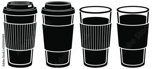Reusable and disposable coffee cup icons with sleeves and lids, black and white vector art set for beverage packaging, café takeaway design, eco-friendly and single-use coffee concepts.