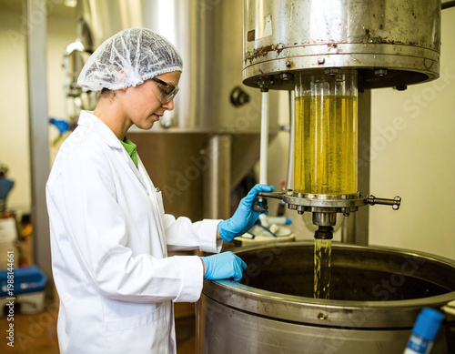 A diligent scientist monitors fluid extraction within a hightech facility. This industrial image represents precision and innovation in manufacturing, biotechnology, and chemical research.