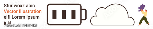 Cloud technology, energy storage, digital storage, eco-awareness, data transfer, innovation. Cloud icon, battery symbol person carrying an object. Cloud technology and energy storage ion