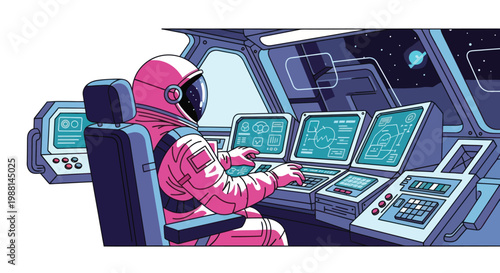 Astronaut in pink suit operating futuristic spaceship control panel with glowing screens