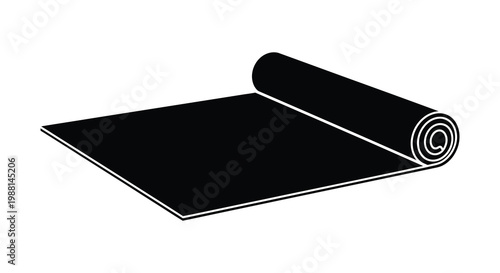 A black rug is partially rolled displaying a clean minimalist silhouette