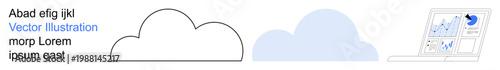 Technology, data processing, cloud computing, business analytics, online storage, digital transformation. View includes clouds, laptop showing charts. Cloud computing and data processing