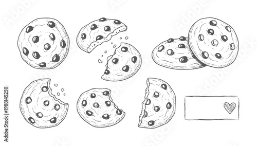 Hand drawn chocolate chip cookies and a heart tag food sweet