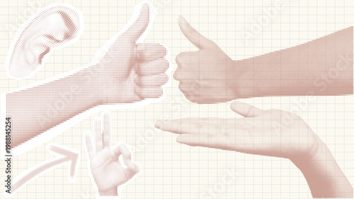  Various halftone hands ear signs vintage dotted stickers Modern Retro Collage Elements – Mixed Media Scrapbook Vector Isolated on grid Background