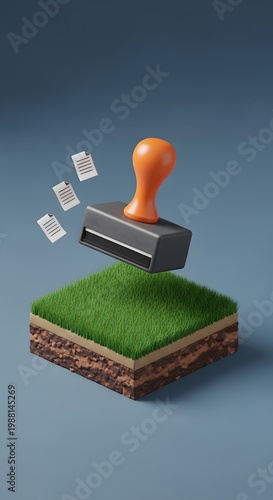 Minimalist 3D isometric render of a rubber stamp floating over a square plot of green grass and soil layers with falling papers, representing land approval, zoning permits, and real estate law.