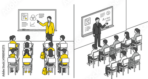 Classroom learning scene with teacher explaining lesson to students in modern education environment black white yellow vector illustration