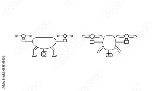 Simple outline drone symbol set with quadcopter designs, presented as minimal vector line illustrations isolated on clean background, EPS 10 compatible.