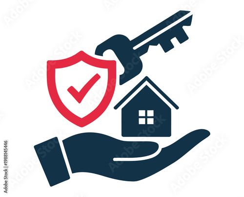 Home protection insurance icon set showcasing house, shield, check, mark, key, and open hand symbols in modern line and flat vector style, representing property security, coverage, and trust for 