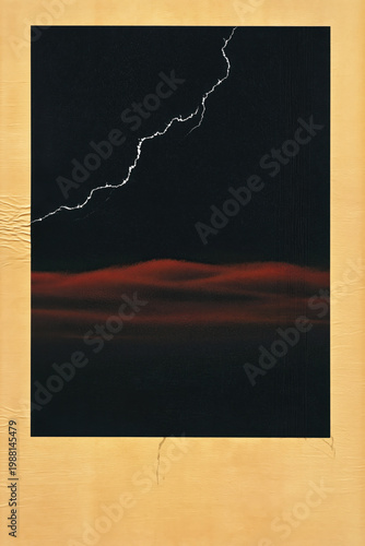 Abstract desert landscape with dramatic night sky and striking lightning