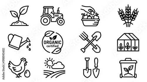 Organic farming icons and tools.