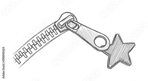 Hand drawn zipper with star charm open and extended