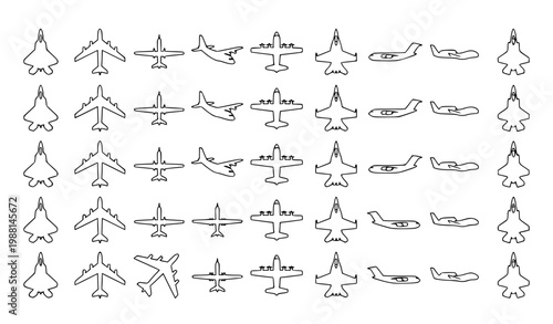 Canvastavla Military aircraft line icon set vector fighter jet and drone outline symbols for