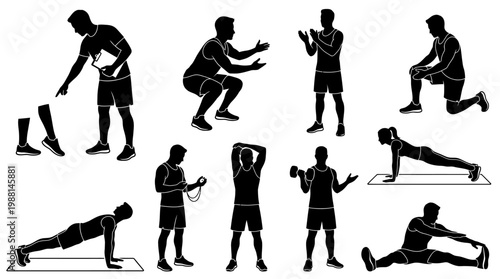 Silhouettes of people exercising various poses.