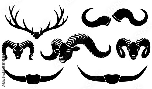 A set of black silhouette icons featuring animal horns and mustaches