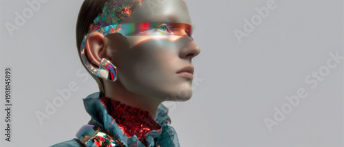 Futuristic fashion portrait with metallic details and iridescent accessories