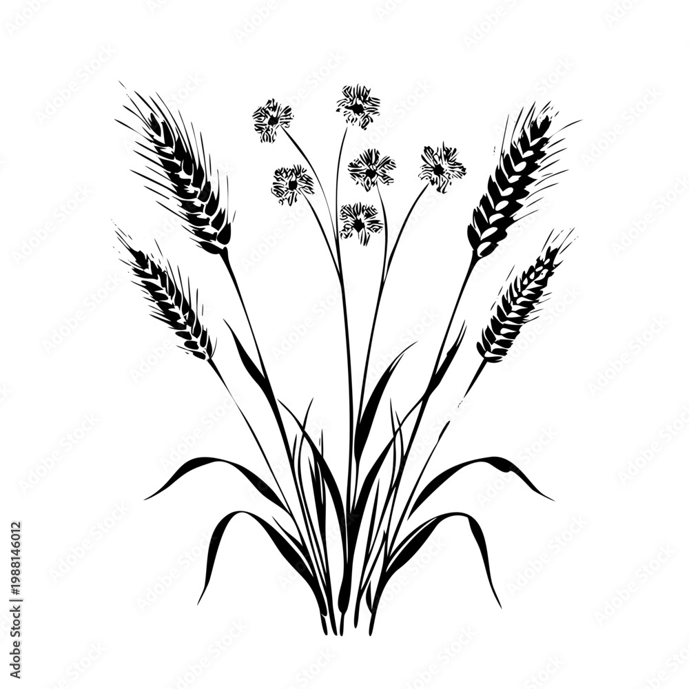 Fototapeta premium Wheat Ears with Wildflowers Silhouette Vector - Agricultural Harvest Floral Icon
