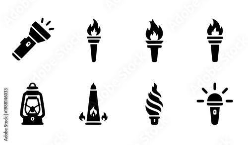 A set of black and white vector icons depicting various light sources