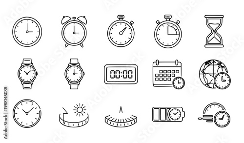 A collection of various clock and watch icons in a minimalist line art style