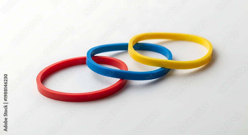 Fototapeta premium Three interlinked rubber bracelets in red, blue, and yellow on a white background