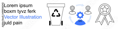 Sustainability, recycling, workflow, efficiency, environmental responsibility, recognition. Recycle bin, gear with arrows award badge. Sustainability and recycling concept