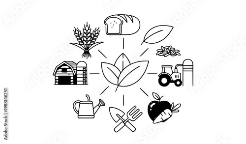 A vector graphic illustration of farming and agriculture icons in a circular pattern
