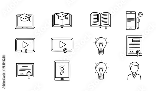 A set of educational icons representing learning and knowledge