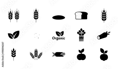 A set of black and white vector icons representing organic food and farming
