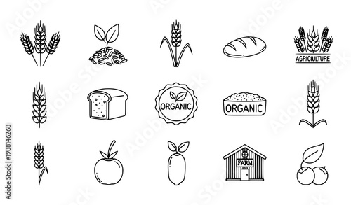 A set of organic farm icons and illustrations in a minimalist style