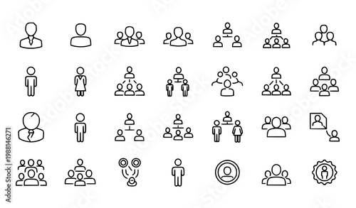 A set of minimalist line art icons depicting various people and teamwork concepts