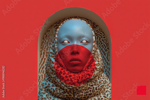 Abstract portrait of a woman with bold red and leopard patterns on vibrant background