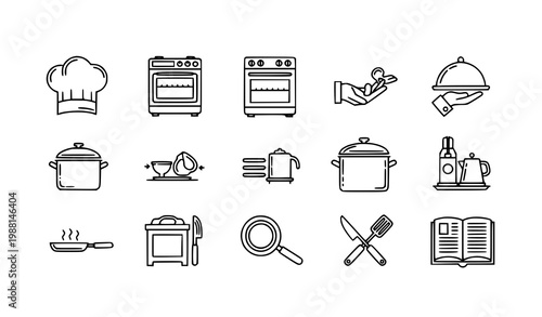 A set of black and white line art icons depicting various kitchen utensils and appliances